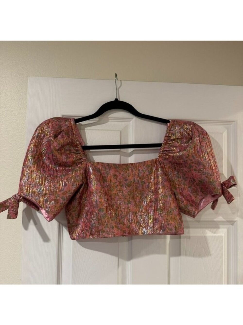 LoveShackFancy Lamaria Pink Metallic Puff Sleeve Crop Top Size 2
